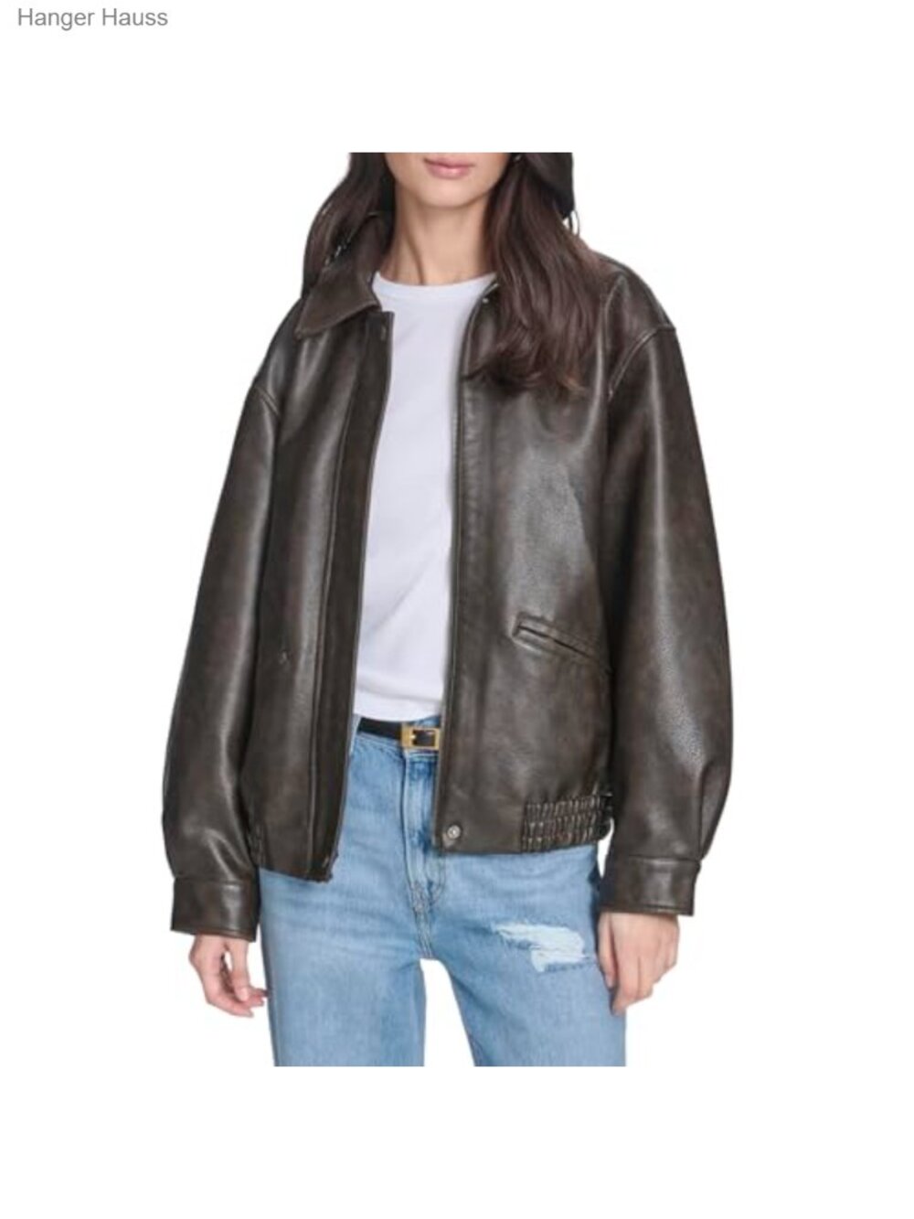 Faux Leather Relaxed Fit Bomber Jacket Zip Snap Pockets